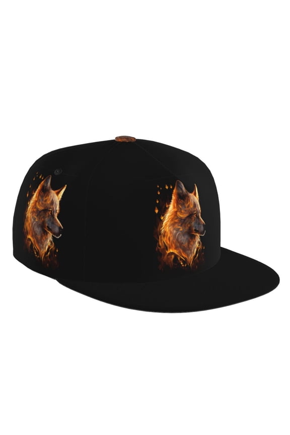 Flat Bill Trucker Hats for Women Men - Gold Flame Pattern Wolf Adjustable Flat Baseball Cap Snapback Hats Dad Hats for Men
