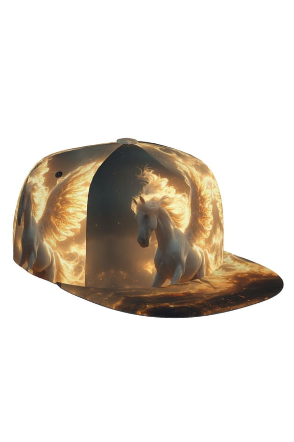 Flat Bill Trucker Hats for Women Men - Golden Winged White Horse Adjustable Flat Baseball Cap Snapback Hats Dad Hats for Men