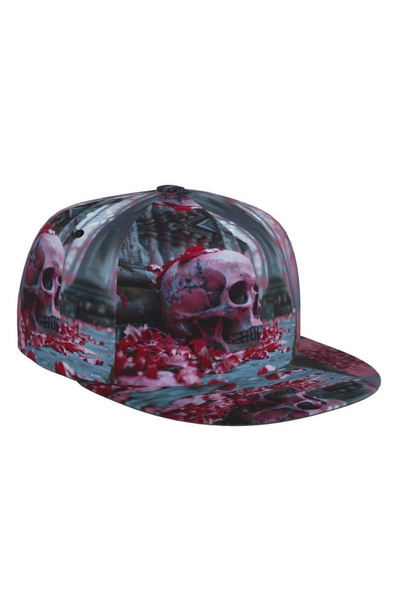 Flat Bill Trucker Hats for Women Men - Gothic Red Skull Cemetery Adjustable Flat Baseball Cap Snapback Hats Dad Hats for Men
