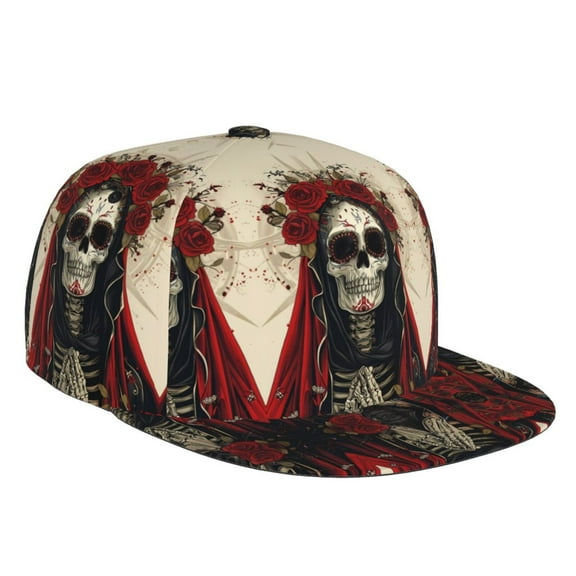 Flat Bill Trucker Hats for Women Men - Gothic Skull With Roses Adjustable Flat Baseball Cap Snapback Hats Dad Hats for Men