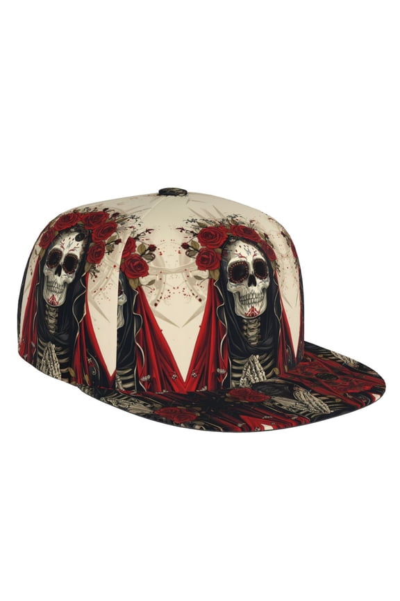 Flat Bill Trucker Hats for Women Men - Gothic Skull With Roses Adjustable Flat Baseball Cap Snapback Hats Dad Hats for Men