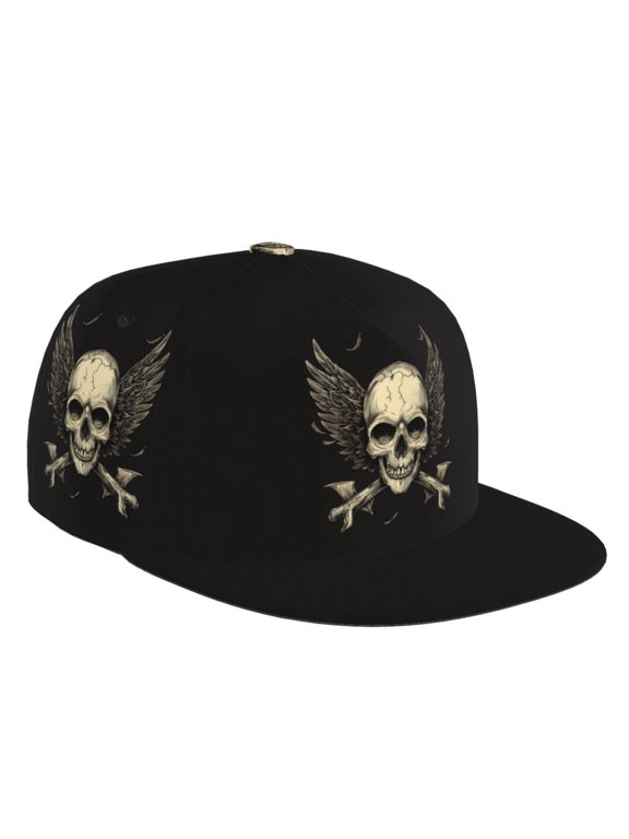 Flat Bill Trucker Hats for Women Men - Gothic Winged Skull Adjustable Flat Baseball Cap Snapback Hats Dad Hats for Men