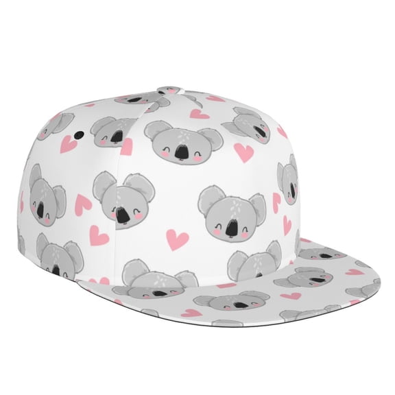 Flat Bill Trucker Hats for Women Men - Gray Koala Pink Heart Adjustable Flat Baseball Cap Snapback Hats Dad Hats for Men
