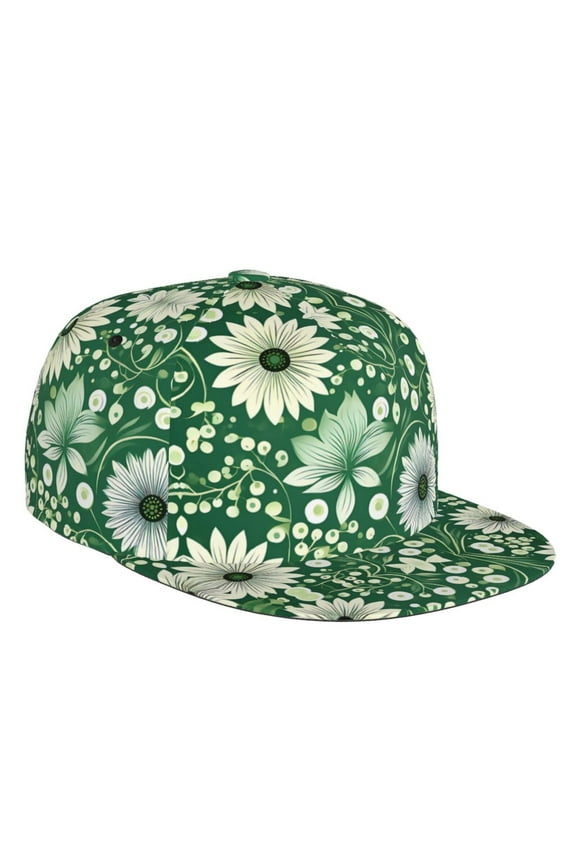 Flat Bill Trucker Hats for Women Men - Green Floral Botanical Adjustable Flat Baseball Cap Snapback Hats Dad Hats for Men