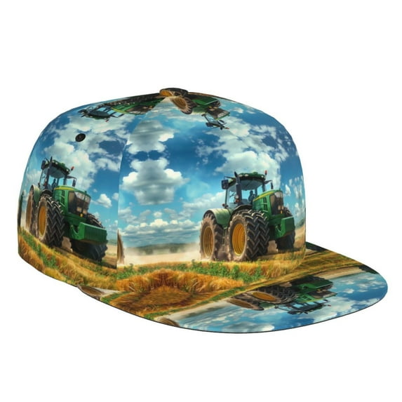 Flat Bill Trucker Hats for Women Men - Green Tractor Field Adjustable Flat Baseball Cap Snapback Hats Dad Hats for Men