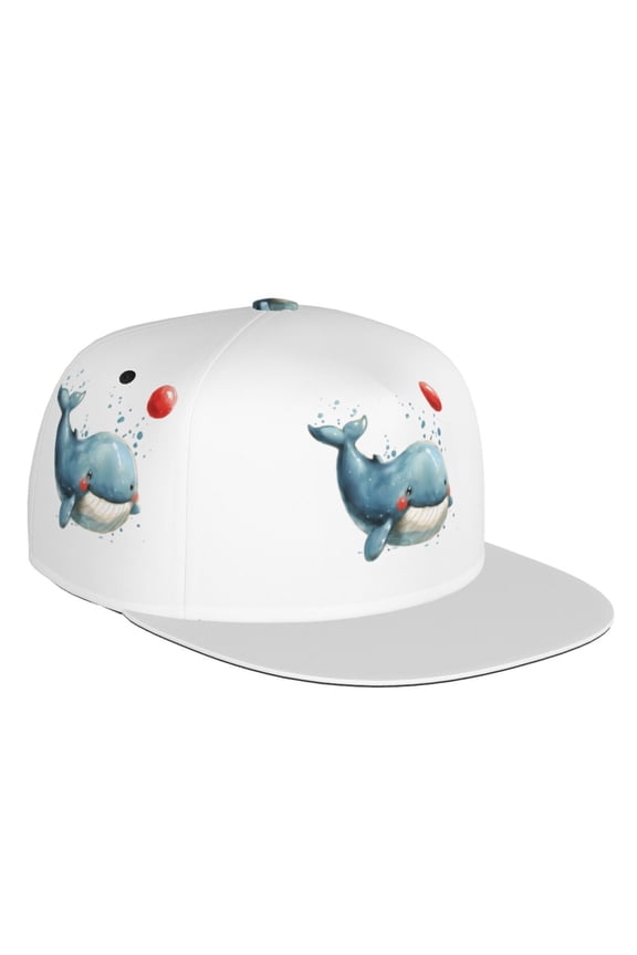 Flat Bill Trucker Hats for Women Men - Happy Blue Whale Cartoon Adjustable Flat Baseball Cap Snapback Hats Dad Hats for Men