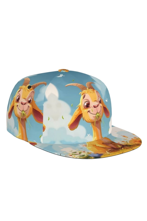 Flat Bill Trucker Hats for Women Men - Happy Goat In Meadow Adjustable Flat Baseball Cap Snapback Hats Dad Hats for Men