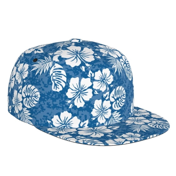 Flat Bill Trucker Hats for Women Men - Hawaiian Style White Blue Adjustable Flat Baseball Cap Snapback Hats Dad Hats for Men