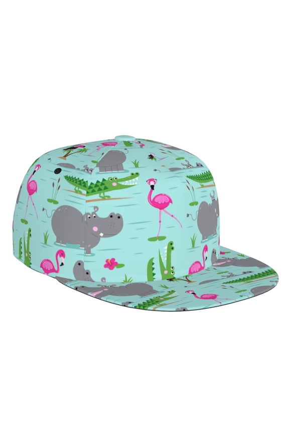 Flat Bill Trucker Hats for Women Men - Hippo With Flamingos And Crocodiles Adjustable Flat Baseball Cap Snapback Hats Dad Hats for Men
