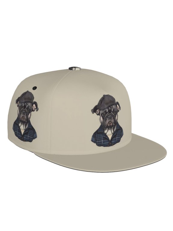Flat Bill Trucker Hats for Women Men - Hipster Bulldog Illustration Adjustable Flat Baseball Cap Snapback Hats Dad Hats for Men