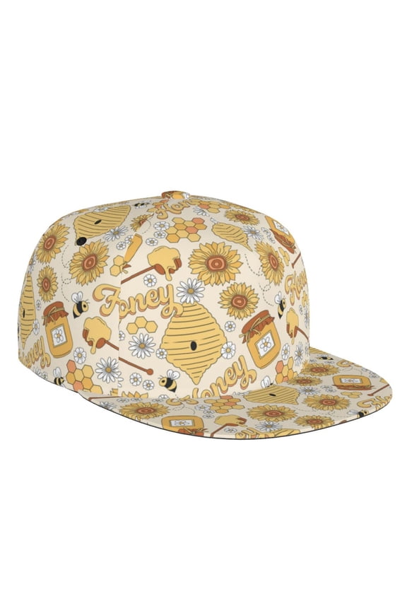 Flat Bill Trucker Hats for Women Men - Honey Honeycomb Adjustable Flat Baseball Cap Snapback Hats Dad Hats for Men