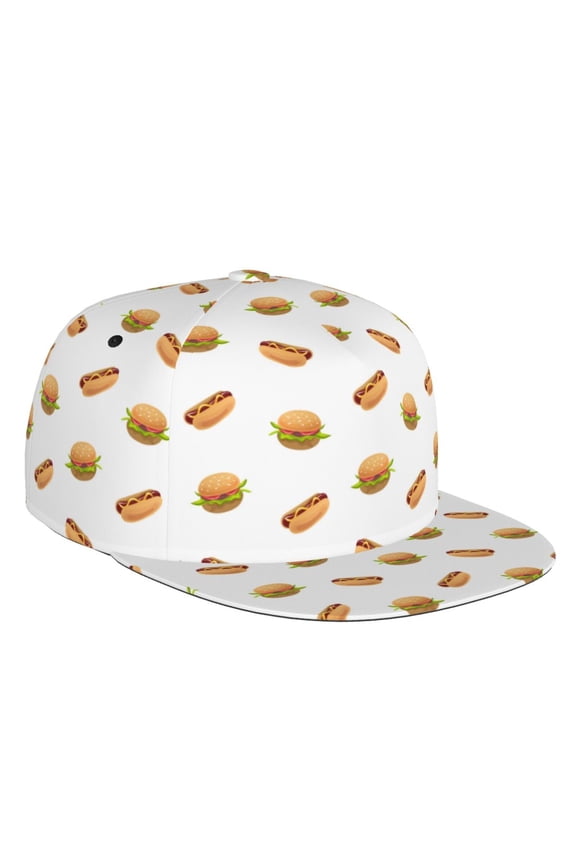 Flat Bill Trucker Hats for Women Men - Hot Dog Burger Print Adjustable Flat Baseball Cap Snapback Hats Dad Hats for Men