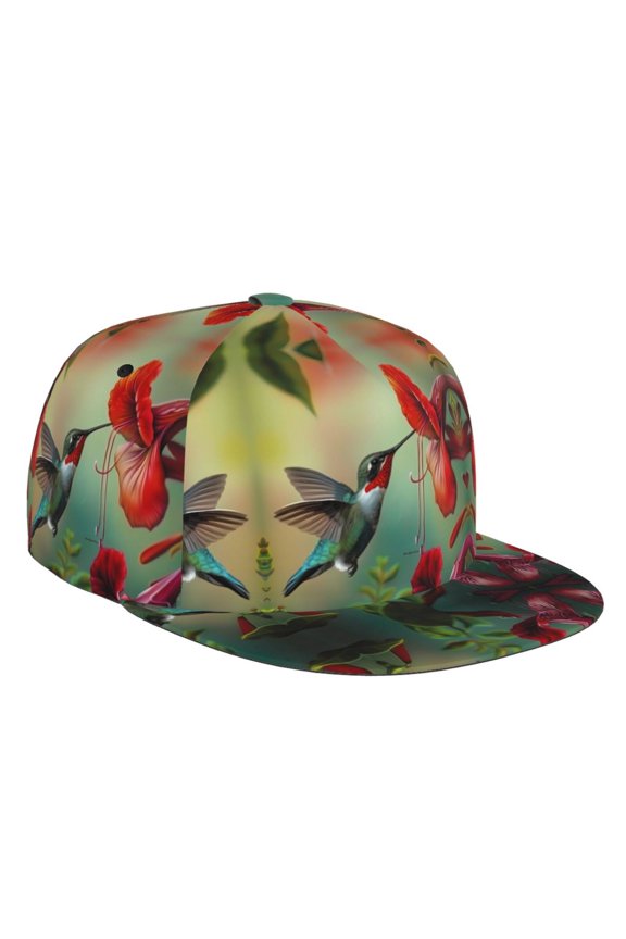 Flat Bill Trucker Hats for Women Men - Hummingbird Floral Paradise Adjustable Flat Baseball Cap Snapback Hats Dad Hats for Men