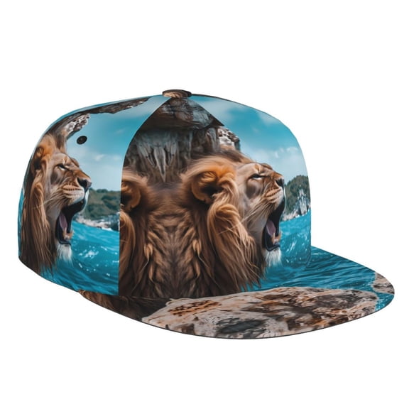 Flat Bill Trucker Hats for Women Men - Ice Blue Coastal Lion Adjustable Flat Baseball Cap Snapback Hats Dad Hats for Men