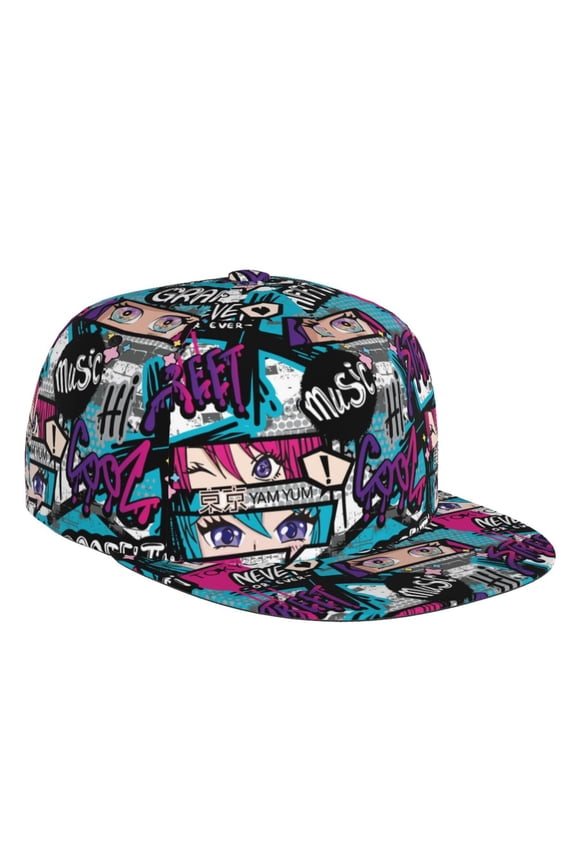 Flat Bill Trucker Hats for Women Men - Kawaii Cartoon Eyes Adjustable Flat Baseball Cap Snapback Hats Dad Hats for Men