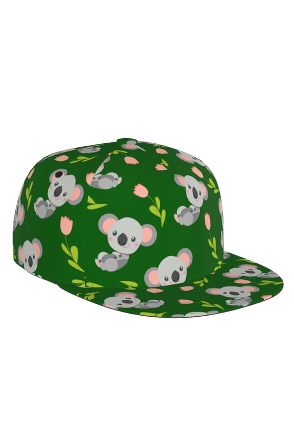 Flat Bill Trucker Hats for Women Men - Koala Tulip Print Green Adjustable Flat Baseball Cap Snapback Hats Dad Hats for Men