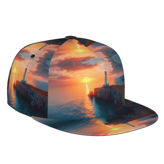 Flat Bill Trucker Hats for Women Men - Lighthouse At Sunset Coast Adjustable Flat Baseball Cap Snapback Hats Dad Hats for Men