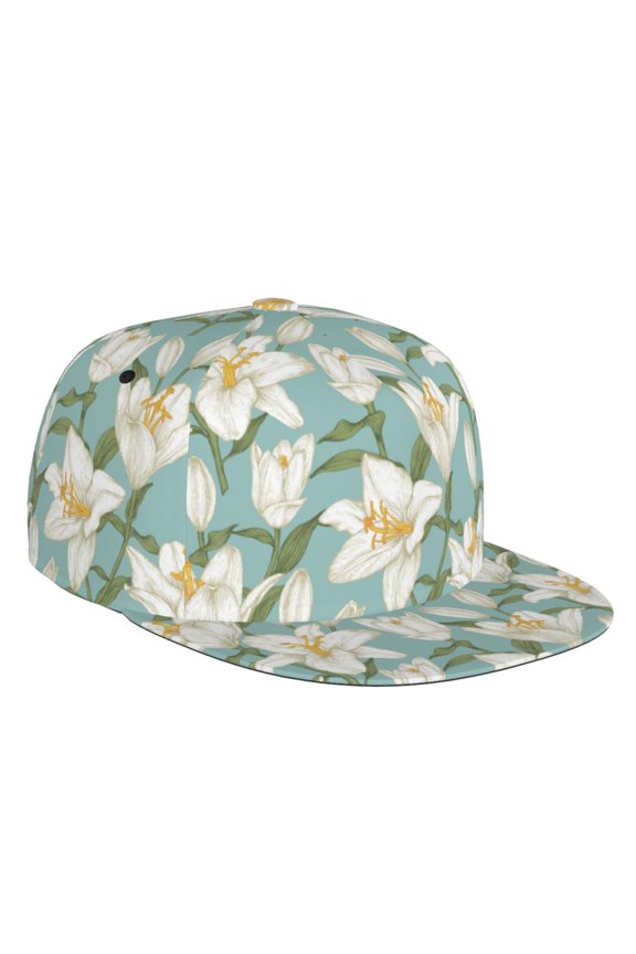 Flat Bill Trucker Hats for Women Men - Lilies Flowers Cyan Adjustable Flat Baseball Cap Snapback Hats Dad Hats for Men