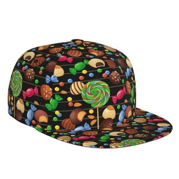 Flat Bill Trucker Hats for Women Men - Lollipop Candy Chocolate Bean Print Adjustable Flat Baseball Cap Snapback Hats Dad Hats for Men