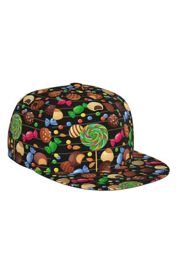 Flat Bill Trucker Hats for Women Men - Lollipop Candy Chocolate Bean Print Adjustable Flat Baseball Cap Snapback Hats Dad Hats for Men