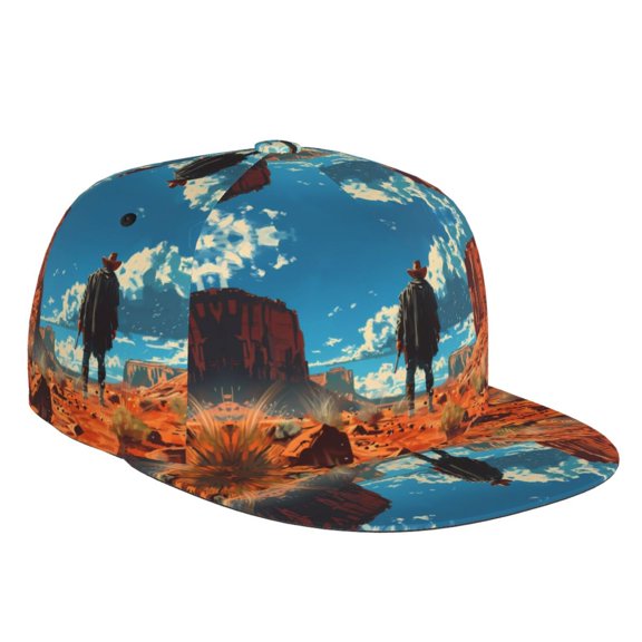 Flat Bill Trucker Hats for Women Men - Lone Cowboy Desert Scene Adjustable Flat Baseball Cap Snapback Hats Dad Hats for Men