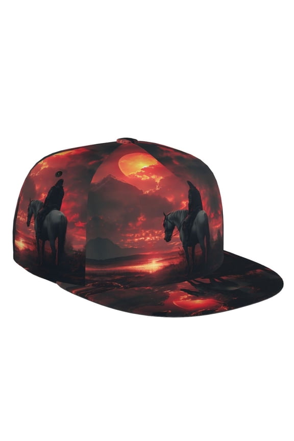 Flat Bill Trucker Hats for Women Men - Lone Rider Under Red Sky Adjustable Flat Baseball Cap Snapback Hats Dad Hats for Men