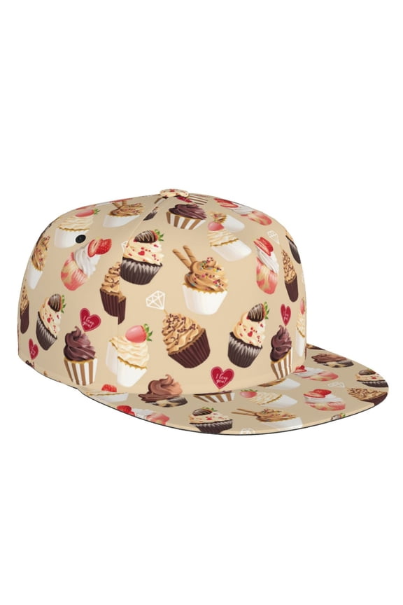 Flat Bill Trucker Hats for Women Men - Love Cupcake Strawberry Print Adjustable Flat Baseball Cap Snapback Hats Dad Hats for Men