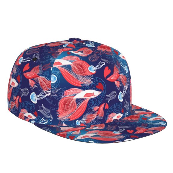 Flat Bill Trucker Hats for Women Men - Lovers Red Fish Jellyfish Adjustable Flat Baseball Cap Snapback Hats Dad Hats for Men