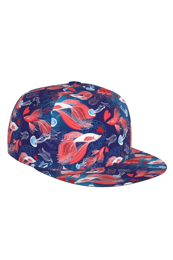 Flat Bill Trucker Hats for Women Men - Lovers Red Fish Jellyfish Adjustable Flat Baseball Cap Snapback Hats Dad Hats for Men