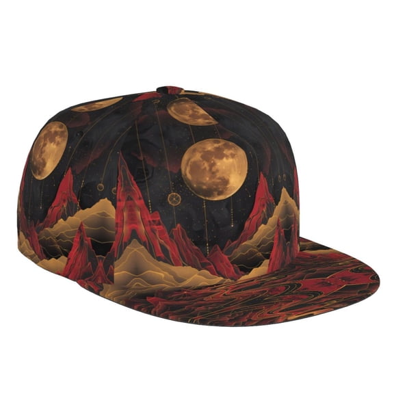 Flat Bill Trucker Hats for Women Men - Lunar Mountains Golden Rivers Adjustable Flat Baseball Cap Snapback Hats Dad Hats for Men