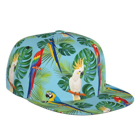 Flat Bill Trucker Hats for Women Men - Macaw Cockatoo Monstera Adjustable Flat Baseball Cap Snapback Hats Dad Hats for Men