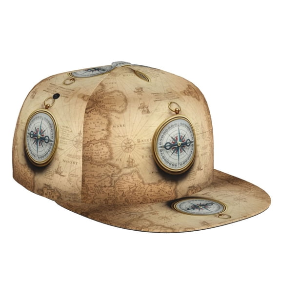 Flat Bill Trucker Hats for Women Men - Magnetic Old Compass On World Map Adjustable Flat Baseball Cap Snapback Hats Dad Hats for Men