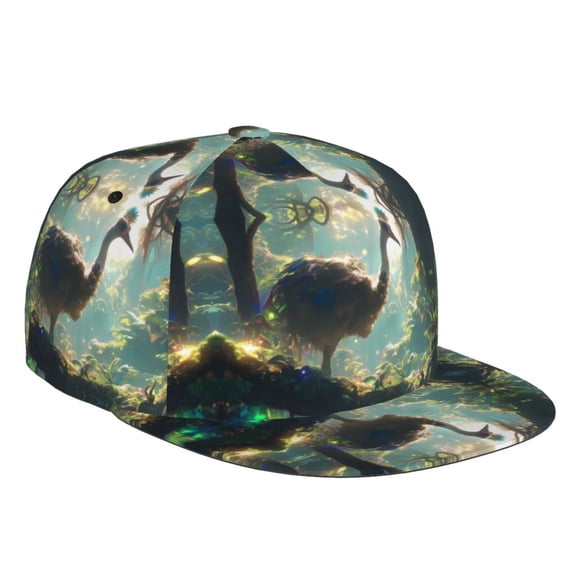 Flat Bill Trucker Hats for Women Men - Majestic Ostrich In Forest Adjustable Flat Baseball Cap Snapback Hats Dad Hats for Men