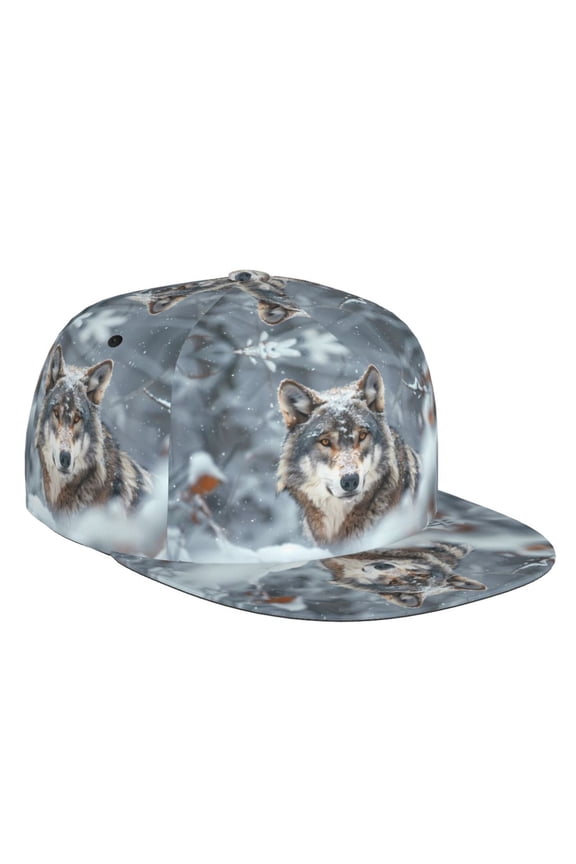 Flat Bill Trucker Hats for Women Men - Majestic Snowy Wolf Adjustable Flat Baseball Cap Snapback Hats Dad Hats for Men