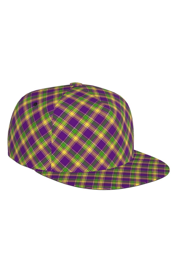 Flat Bill Trucker Hats for Women Men - Mardi Gras Plaid Adjustable Flat Baseball Cap Snapback Hats Dad Hats for Men