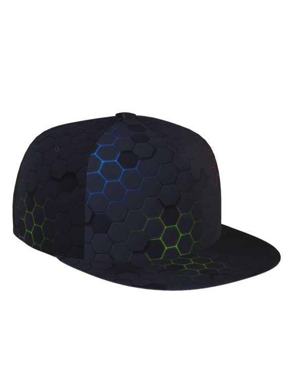 Flat Bill Trucker Hats for Women Men - Modern Hexagonal Neon Grid Adjustable Flat Baseball Cap Snapback Hats Dad Hats for Men