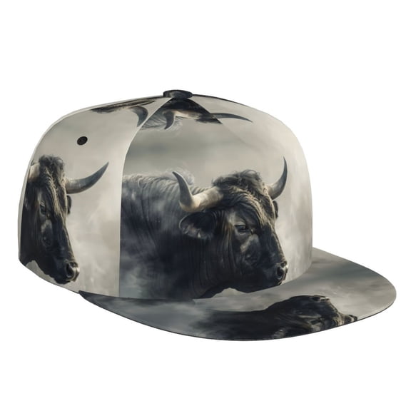 Flat Bill Trucker Hats for Women Men - Mystical Bull in Fog Adjustable Flat Baseball Cap Snapback Hats Dad Hats for Men