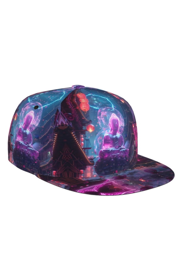 Flat Bill Trucker Hats for Women Men - Neon Buddha Cityscape Adjustable Flat Baseball Cap Snapback Hats Dad Hats for Men