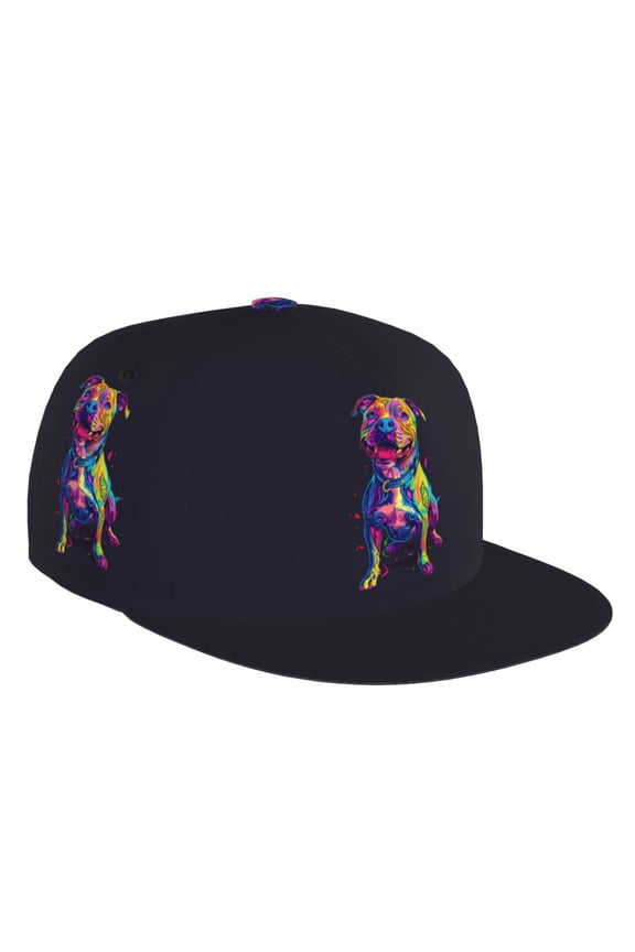 Flat Bill Trucker Hats for Women Men - Neon Pop Art Pitbull Adjustable Flat Baseball Cap Snapback Hats Dad Hats for Men