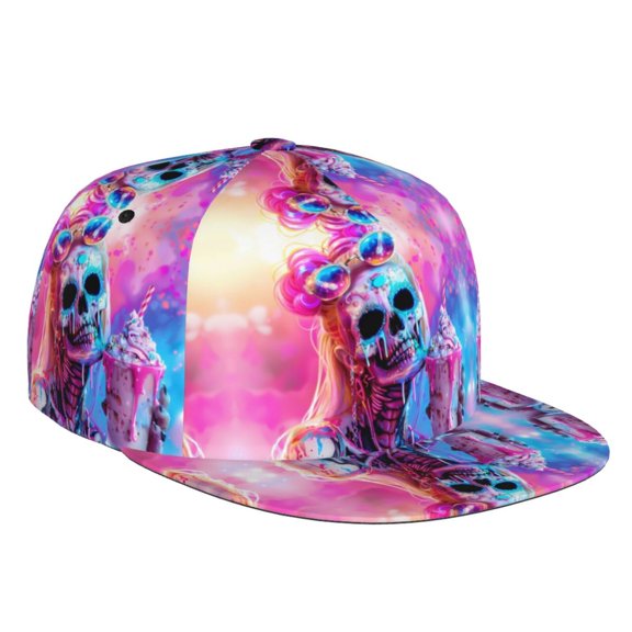 Flat Bill Trucker Hats for Women Men - Neon Skull With Milkshake Adjustable Flat Baseball Cap Snapback Hats Dad Hats for Men