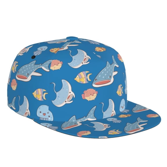 Flat Bill Trucker Hats for Women Men - Ocean Cute Shark Jellyfish Fish Adjustable Flat Baseball Cap Snapback Hats Dad Hats for Men