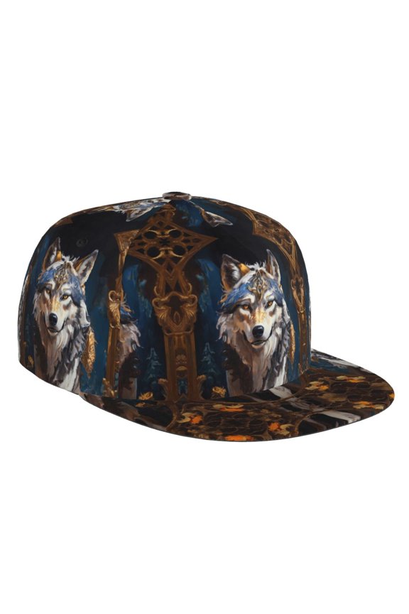 Flat Bill Trucker Hats for Women Men - Oil Painting Tribal Wolf Adjustable Flat Baseball Cap Snapback Hats Dad Hats for Men