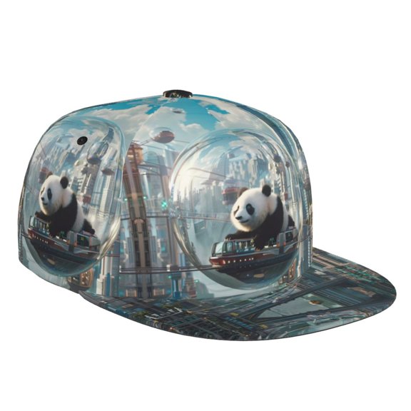 Flat Bill Trucker Hats for Women Men - Panda In Futuristic City Adjustable Flat Baseball Cap Snapback Hats Dad Hats for Men