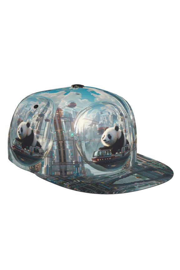 Flat Bill Trucker Hats for Women Men - Panda In Futuristic City Adjustable Flat Baseball Cap Snapback Hats Dad Hats for Men
