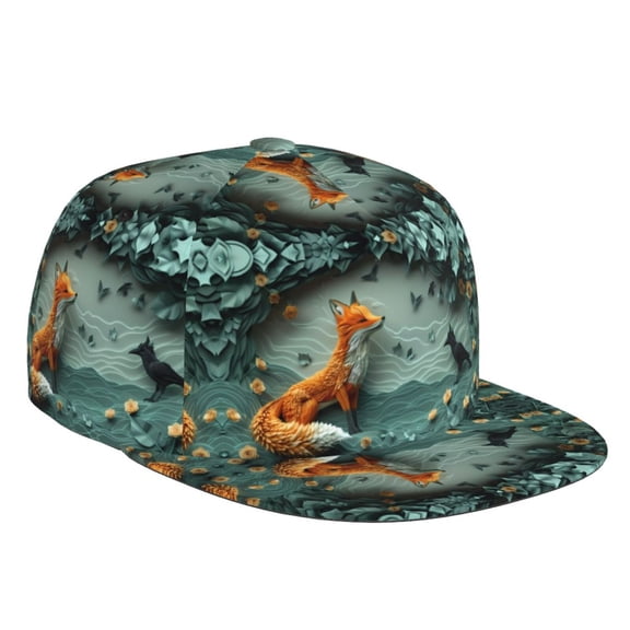 Flat Bill Trucker Hats for Women Men - Paper Fox Crow Fantasy Adjustable Flat Baseball Cap Snapback Hats Dad Hats for Men