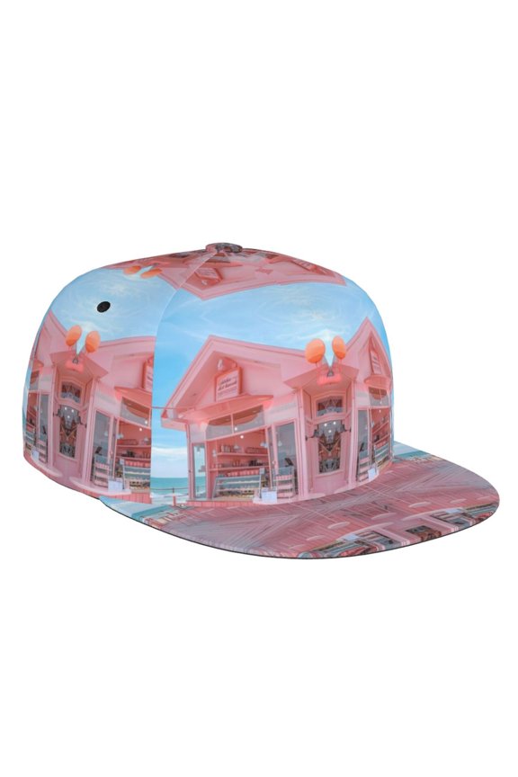 Flat Bill Trucker Hats for Women Men - Pastel Pink Beach Cafe Adjustable Flat Baseball Cap Snapback Hats Dad Hats for Men
