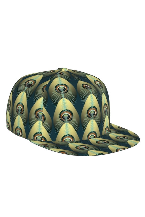 Flat Bill Trucker Hats for Women Men - Peacock Gold Feather Adjustable Flat Baseball Cap Snapback Hats Dad Hats for Men
