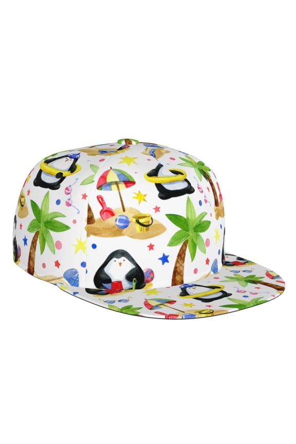 Flat Bill Trucker Hats for Women Men - Penguins On The Beach Adjustable Flat Baseball Cap Snapback Hats Dad Hats for Men