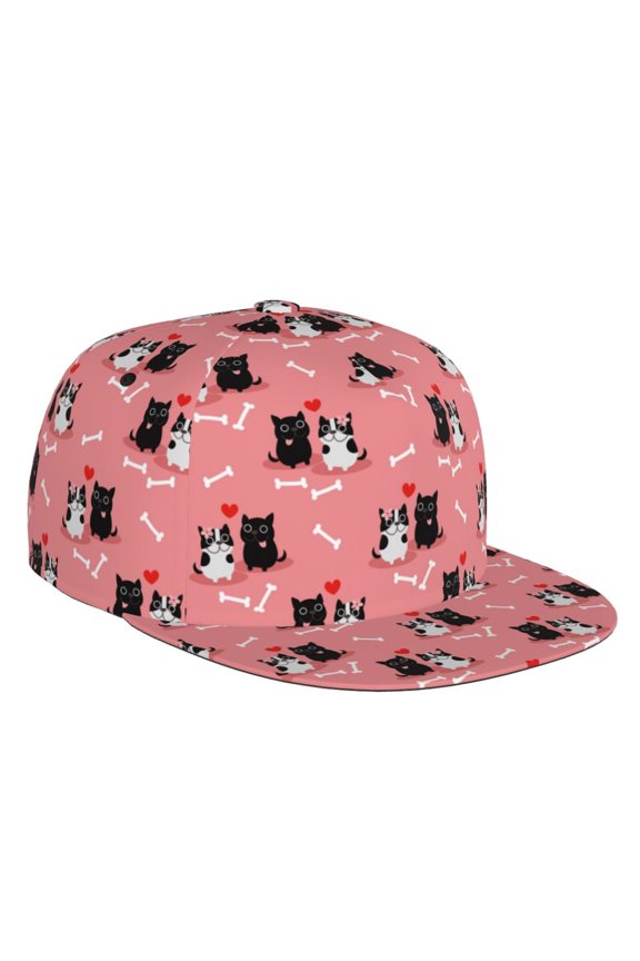 Flat Bill Trucker Hats for Women Men - Pink Cute Couple Cats Love Bones Adjustable Flat Baseball Cap Snapback Hats Dad Hats for Men