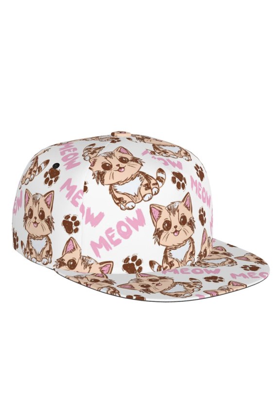 Flat Bill Trucker Hats for Women Men - Pink Sketch Cute Cartoon Cat Adjustable Flat Baseball Cap Snapback Hats Dad Hats for Men